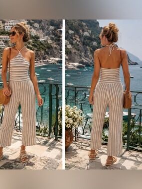 PULL&BEAR Women's Stripe Multicolor Halter-Neck Culotte Jumpsuit